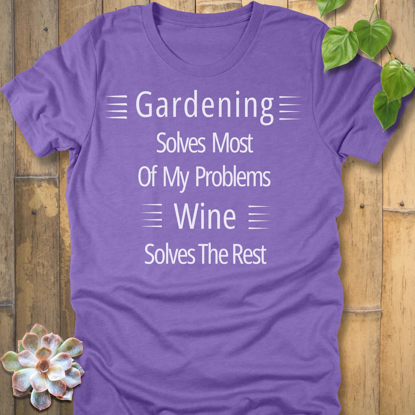 Gardening and wine humor shirt in bold heather team purple with white text.