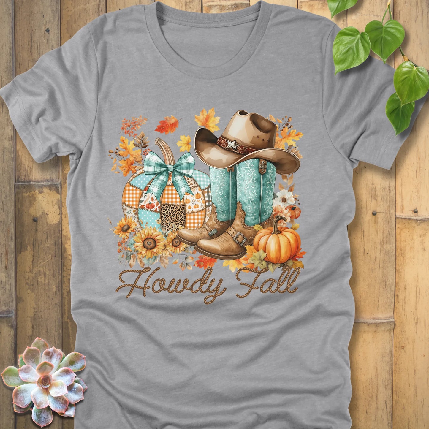 Athletic Heather t-shirt featuring the design Howdy Fall with flowers, boots and hat