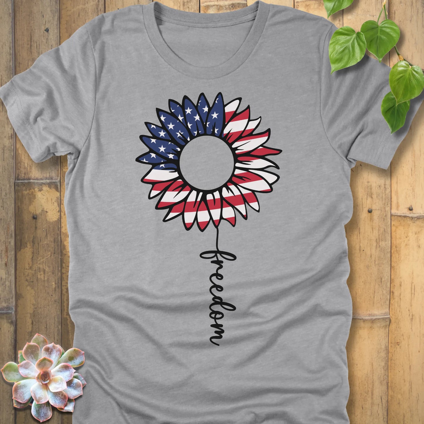 Athletic Heather t-shirt featuring the design Patriotic Sunflower printed white and blue, USA flower shirt.
