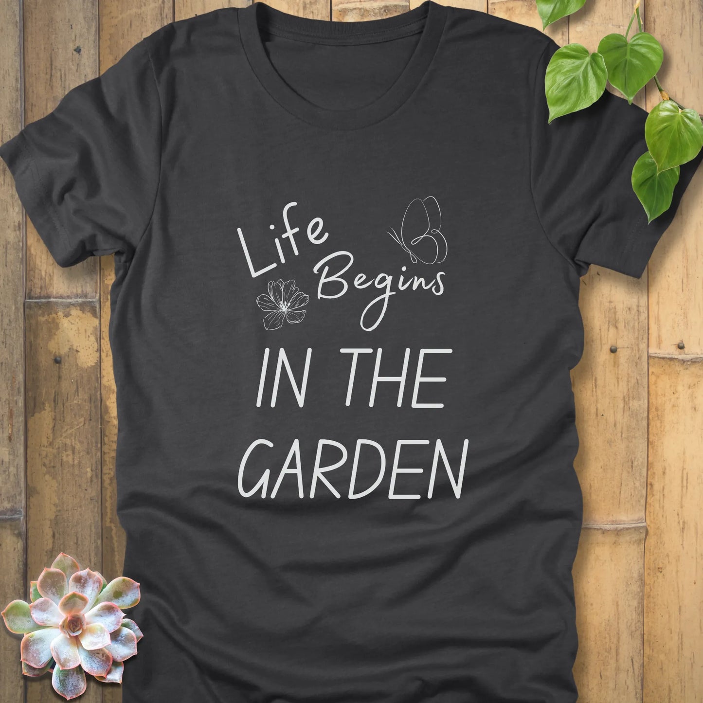 Dark Grey Heather t-shirt featuring the design Life begin's in the garden, casual garden lover shirt.