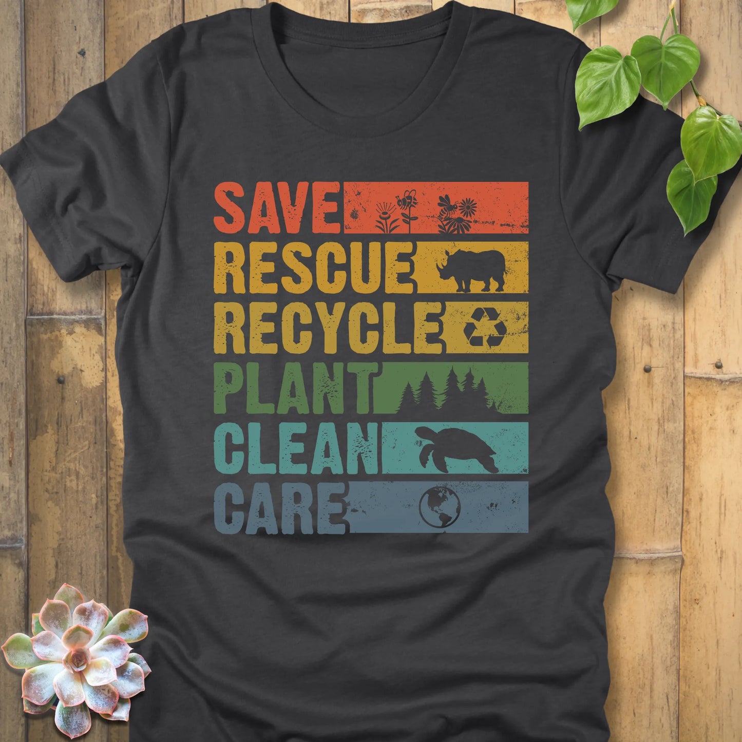 Dark Grey Heather t-shirt featuring the design Save, Rescue, Recycle, Plant, Clean, Care printed in bold colored letters