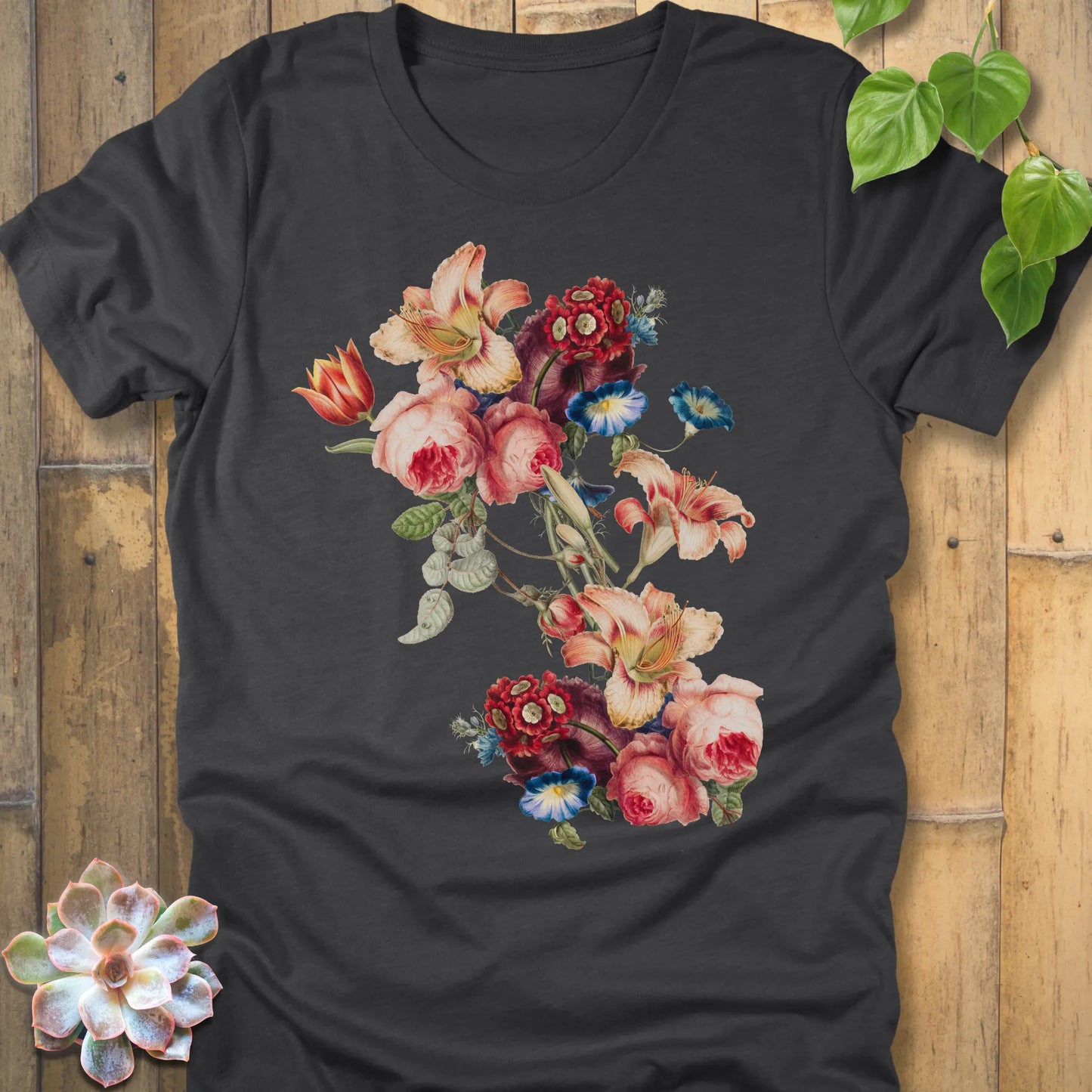 Dark Grey Heather t-shirt featuring the design Victorian Bloom printed in soft floral colours, vintage flower graphic tee.