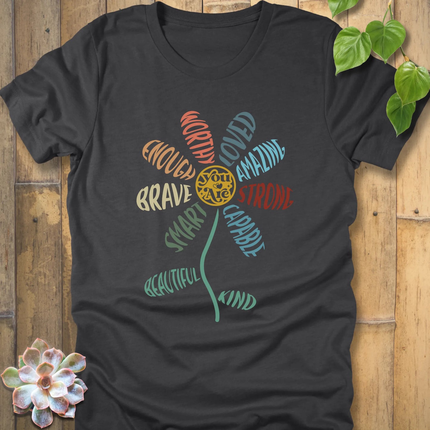 Dark Grey Heather t-shirt featuring the design You Are with a sunflower and text print floral graphic t-shirt