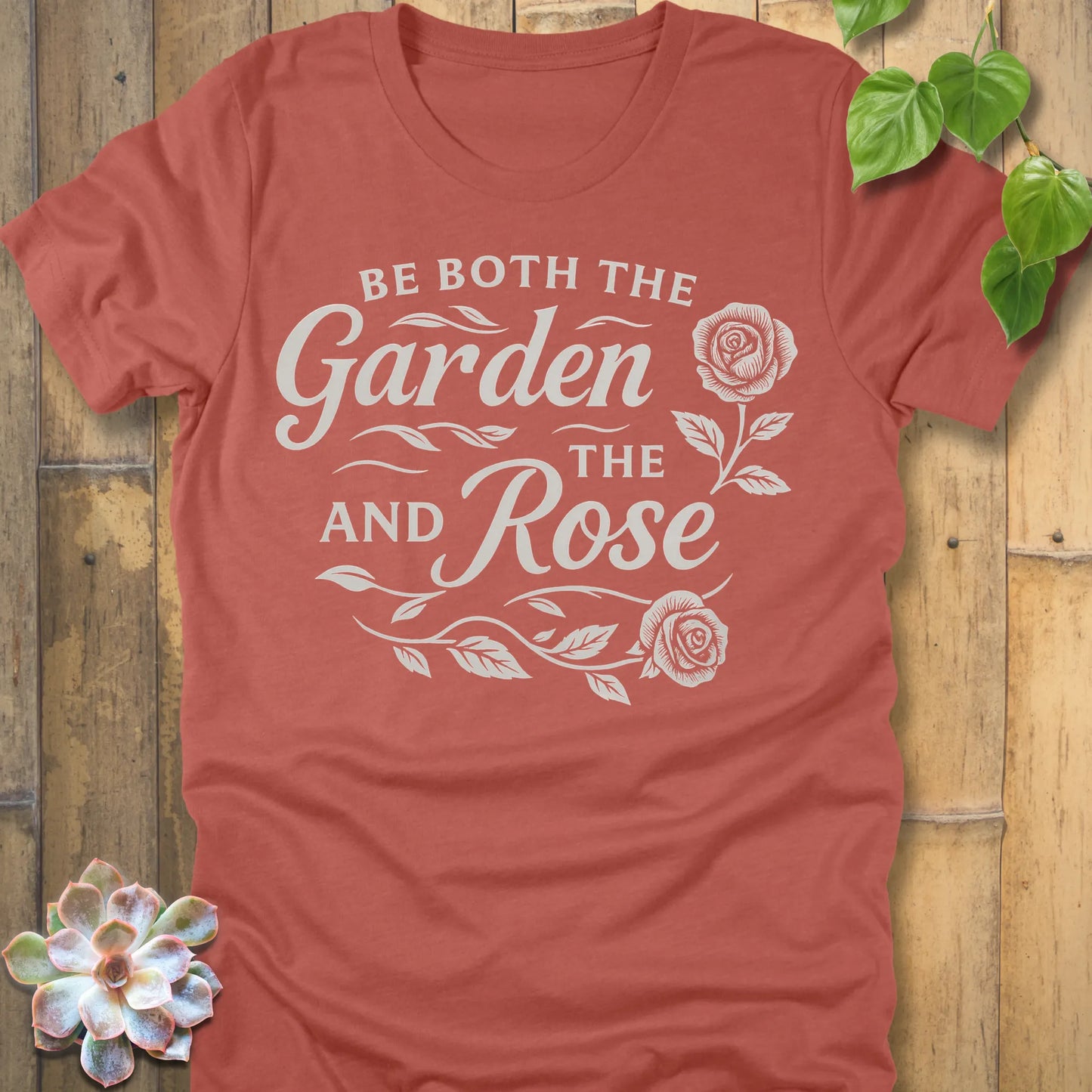 Heather Clay t-shirt featuring the design Garden and the Rose printed in bold letters, floral gardening shirt.