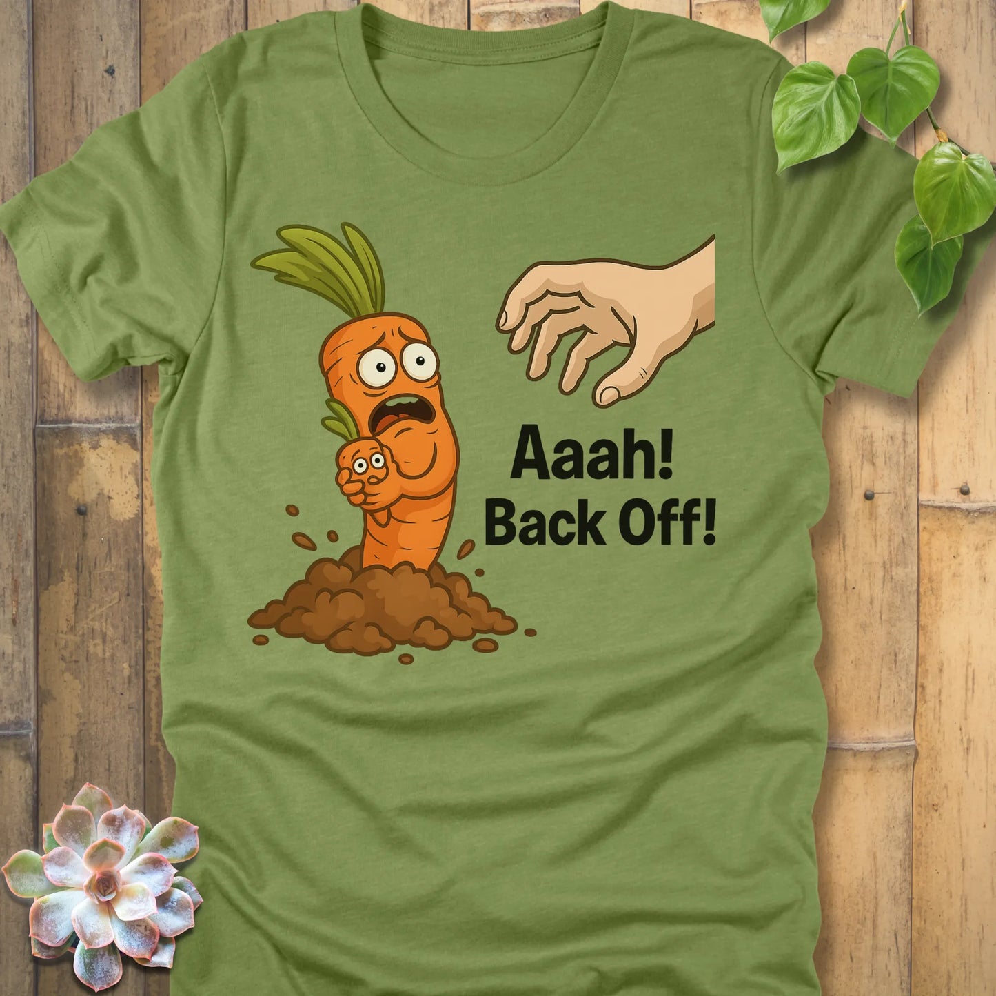 Heather Green t-shirt featuring the design Back Off! printed in bold black letters, funny graphic tee.