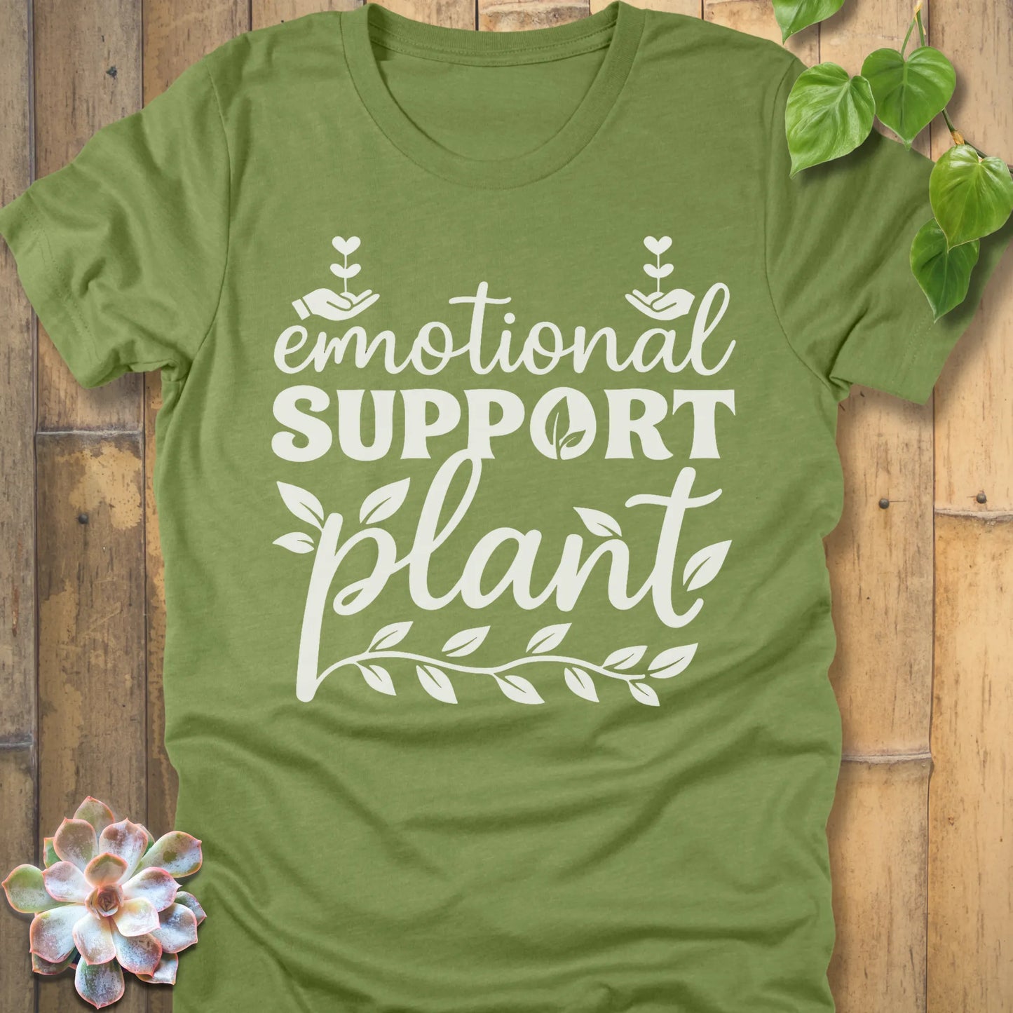 Heather Green t-shirt featuring the design Emotional Support printed in bold white letters, casual mental health shirt.