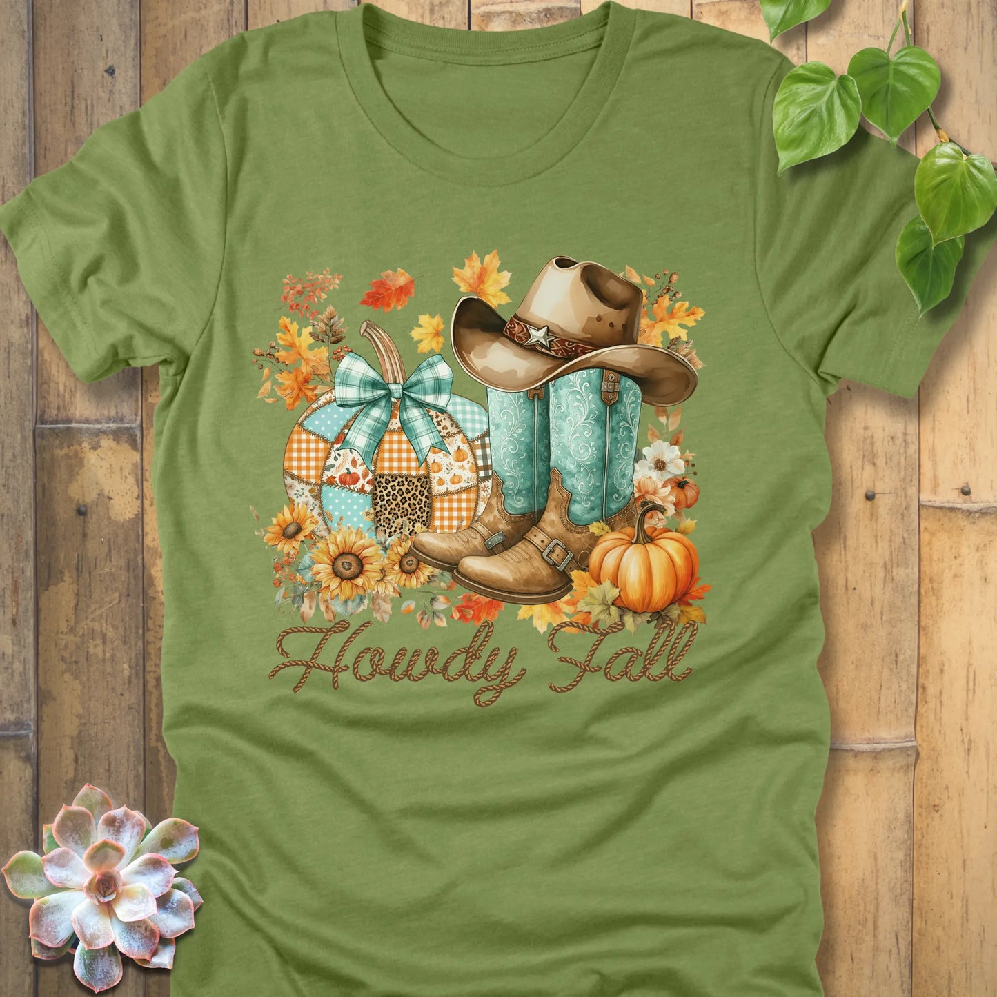 Heather Green t-shirt featuring the design Howdy Fall with flowers, boots and hats