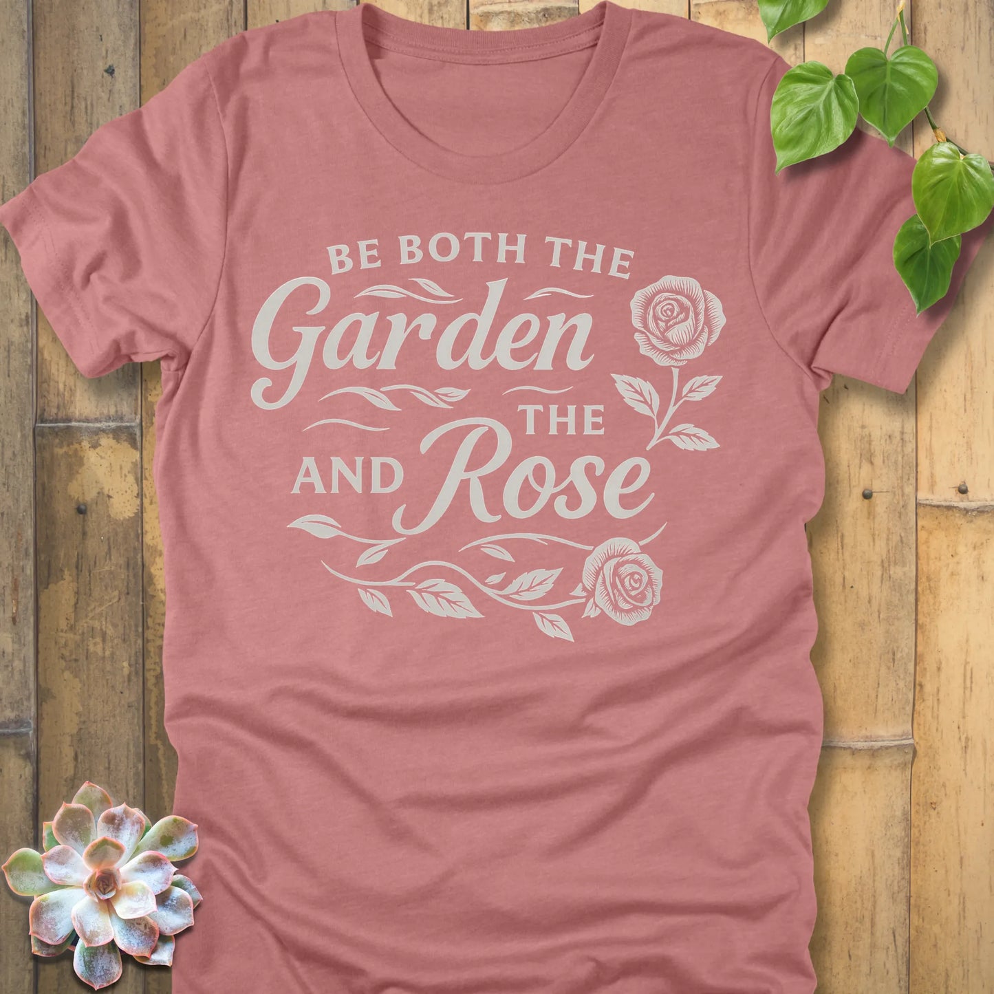 Heather Mauve t-shirt featuring the design Garden and the Rose printed in bold letters, floral gardening shirt.