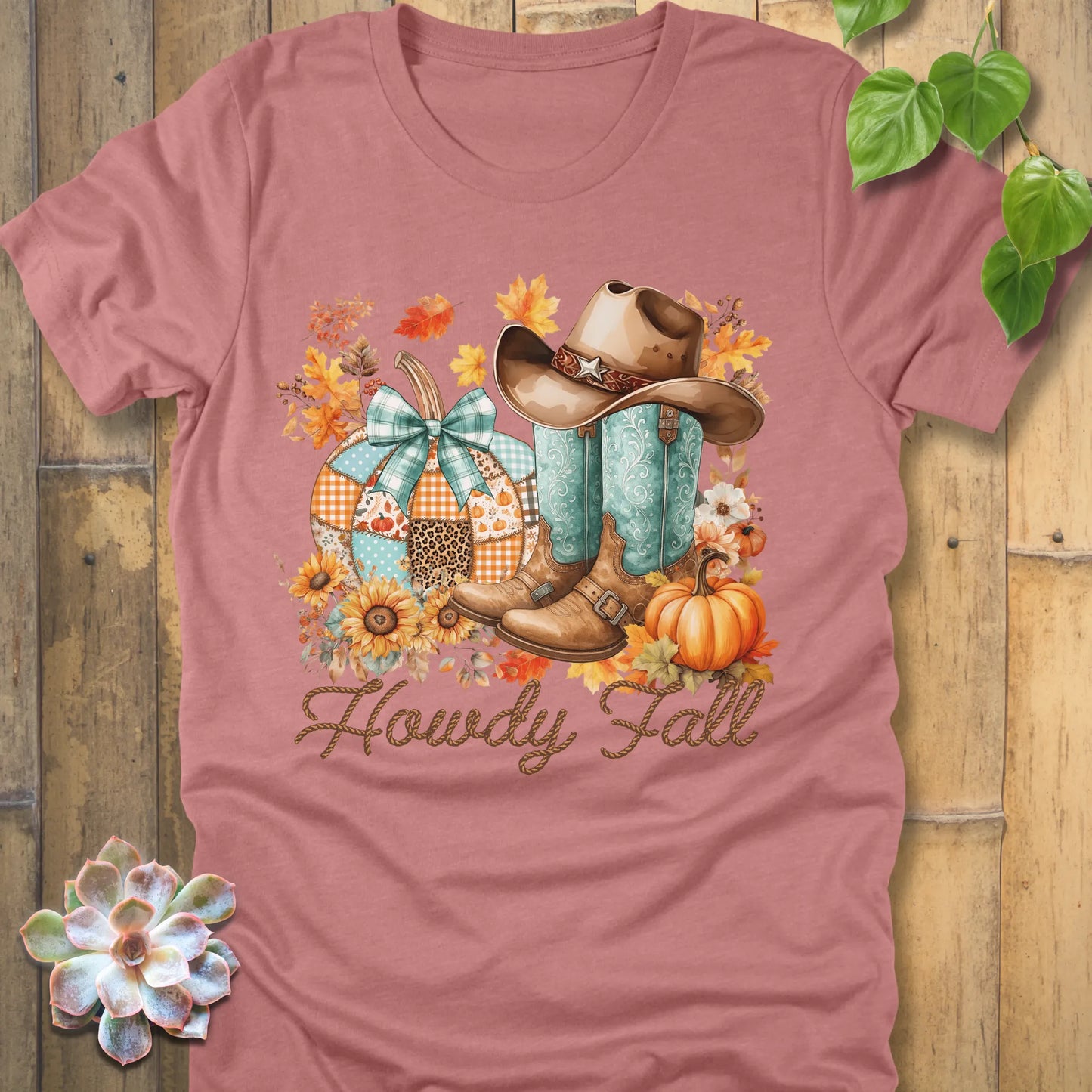 Heather Mauve t-shirt featuring the design Howdy Fall with flowers, boots and hat
