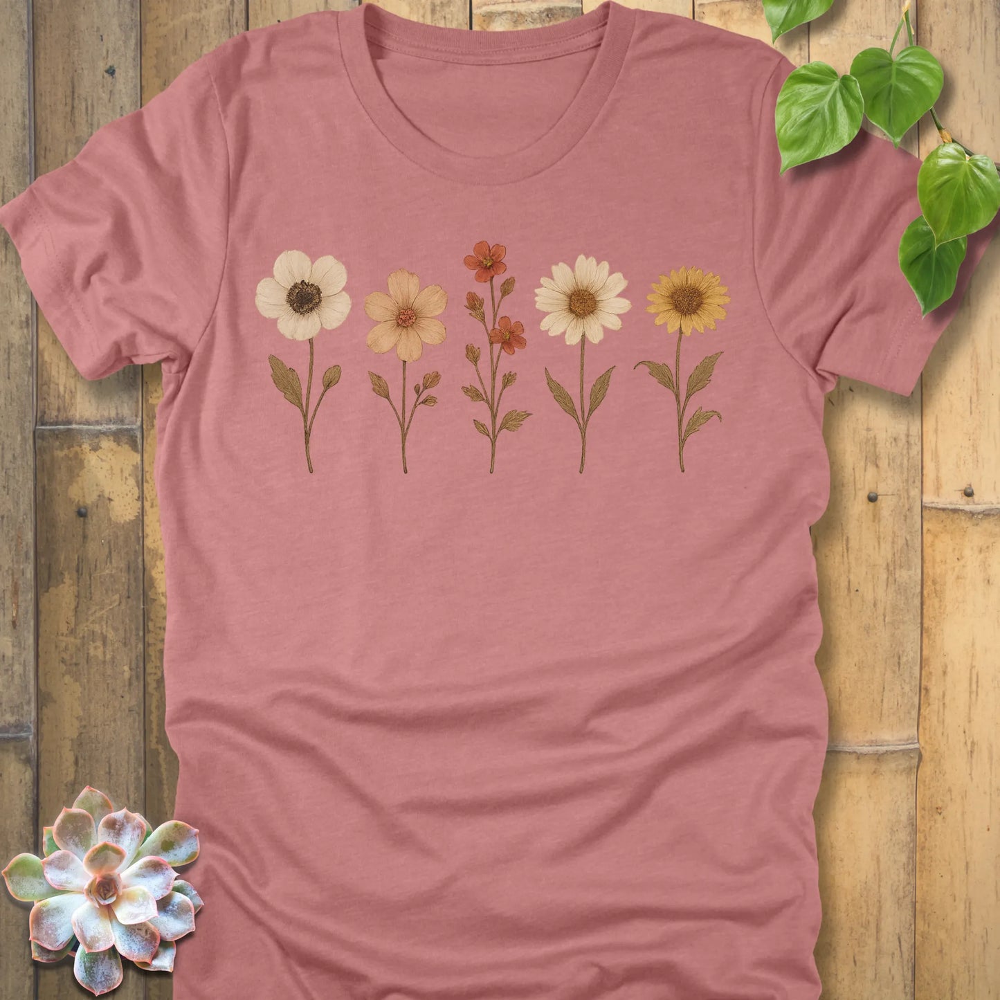Heather Mauve t-shirt featuring the design Pressed Flowers printed in delicate floral pattern, botanical graphic tee.