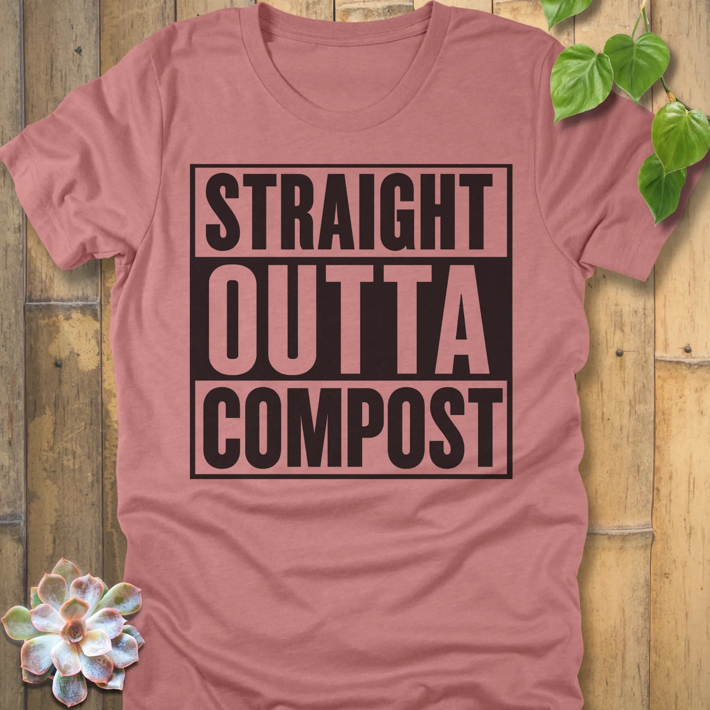 Heather Mauve t-shirt featuring the design Straight Outta Compost printed in bold letters, funny gardening shirt.