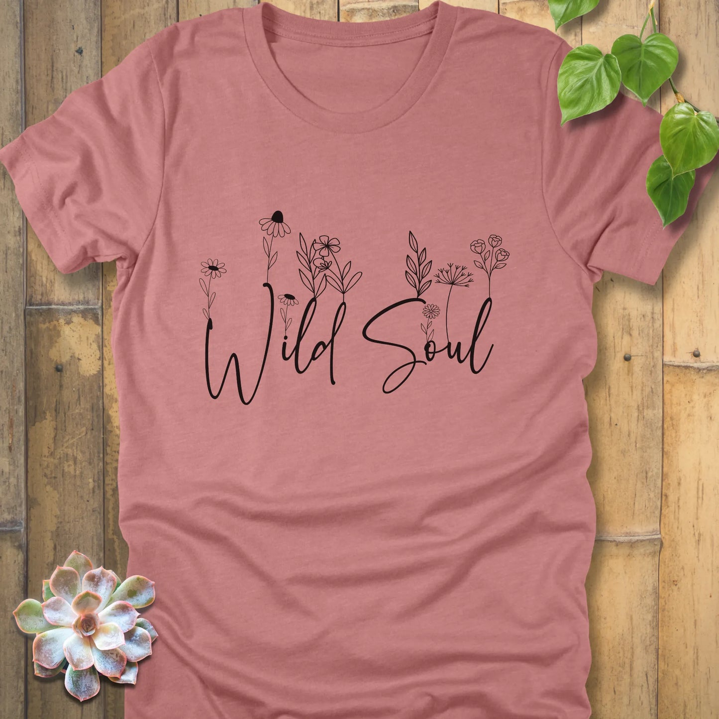 Heather Mauve t-shirt featuring the design Wild Soul with a print of plants for minimalist fashion