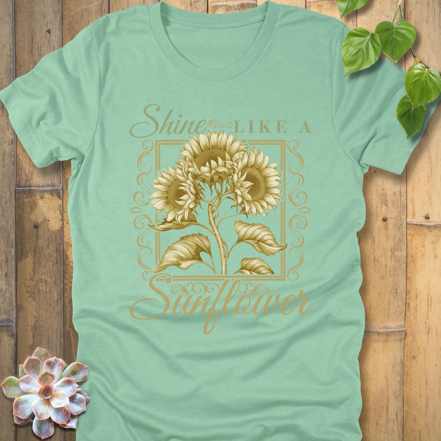 Heather Mint t-shirt featuring the design Shine Like A Sunflower with a print of frame flower.