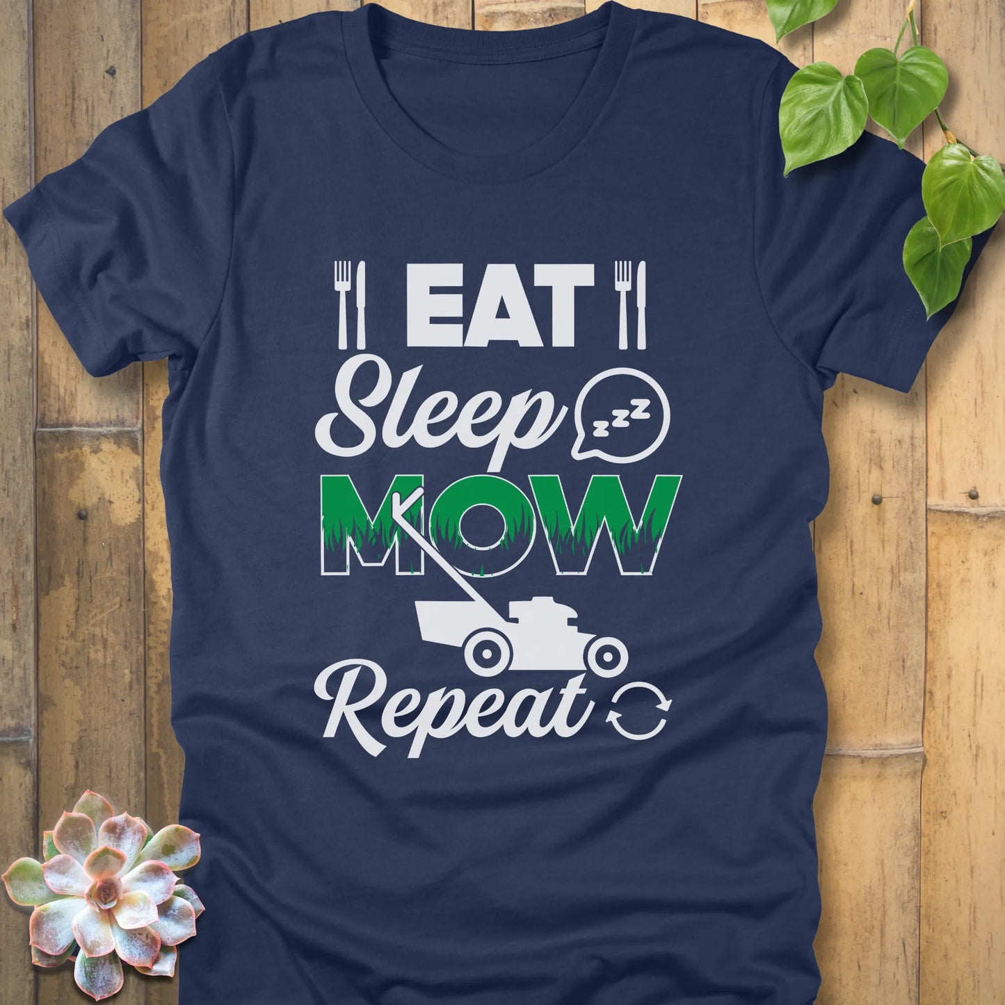 Heather Navy t-shirt featuring the design Eat, Sleep, Mow, Repeat printed with a lawn mower