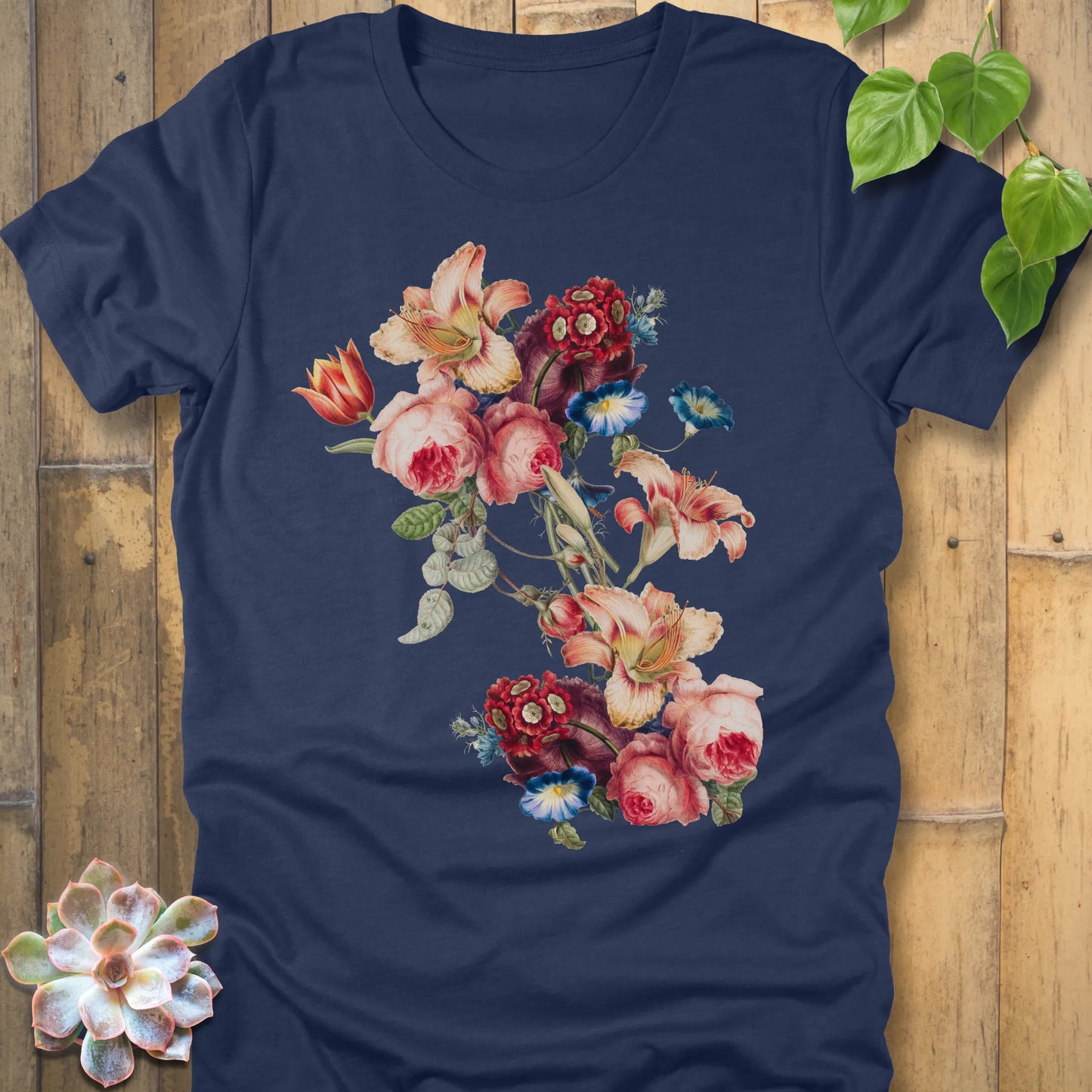 Heather Navy t-shirt featuring the design Victorian Bloom printed in soft floral colours, vintage flower graphic tee.