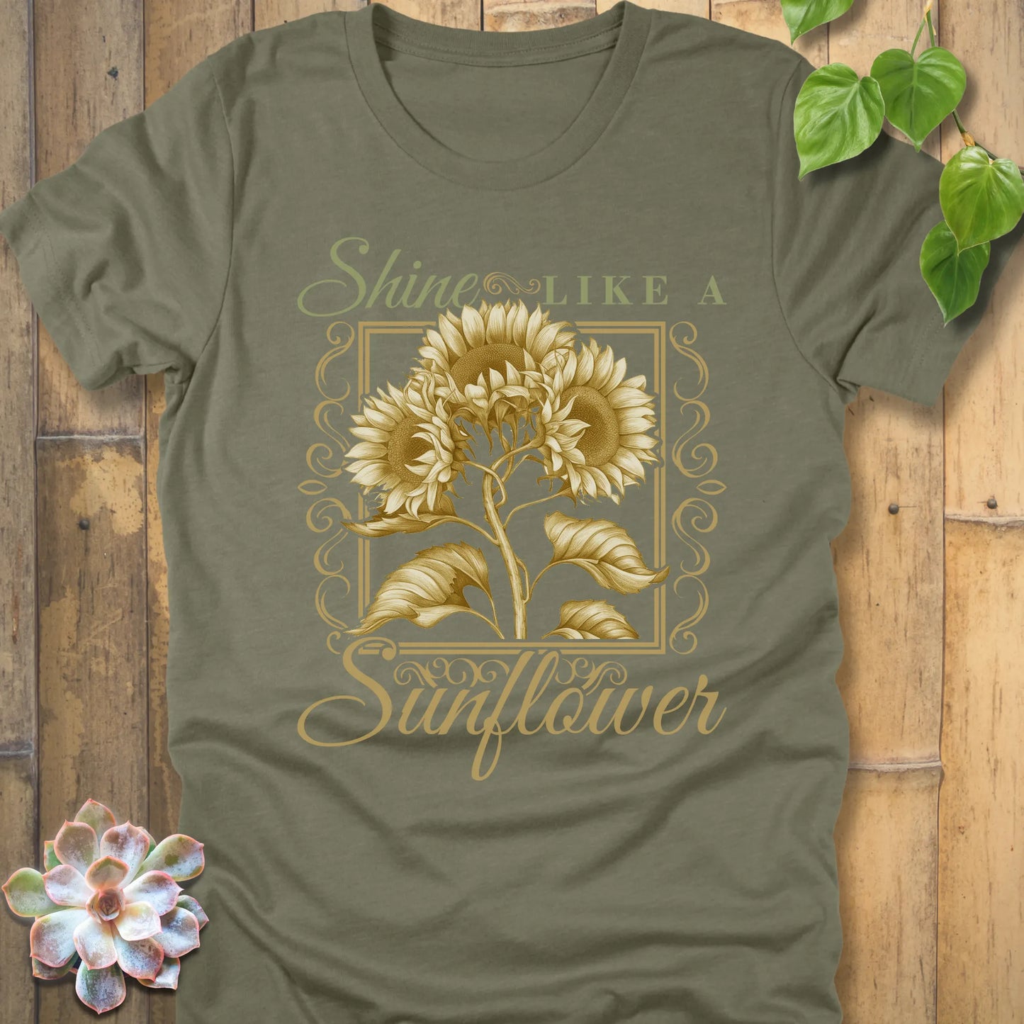 Heather Olive t-shirt featuring the design Shine Like A Sunflower with a print of frame flower.