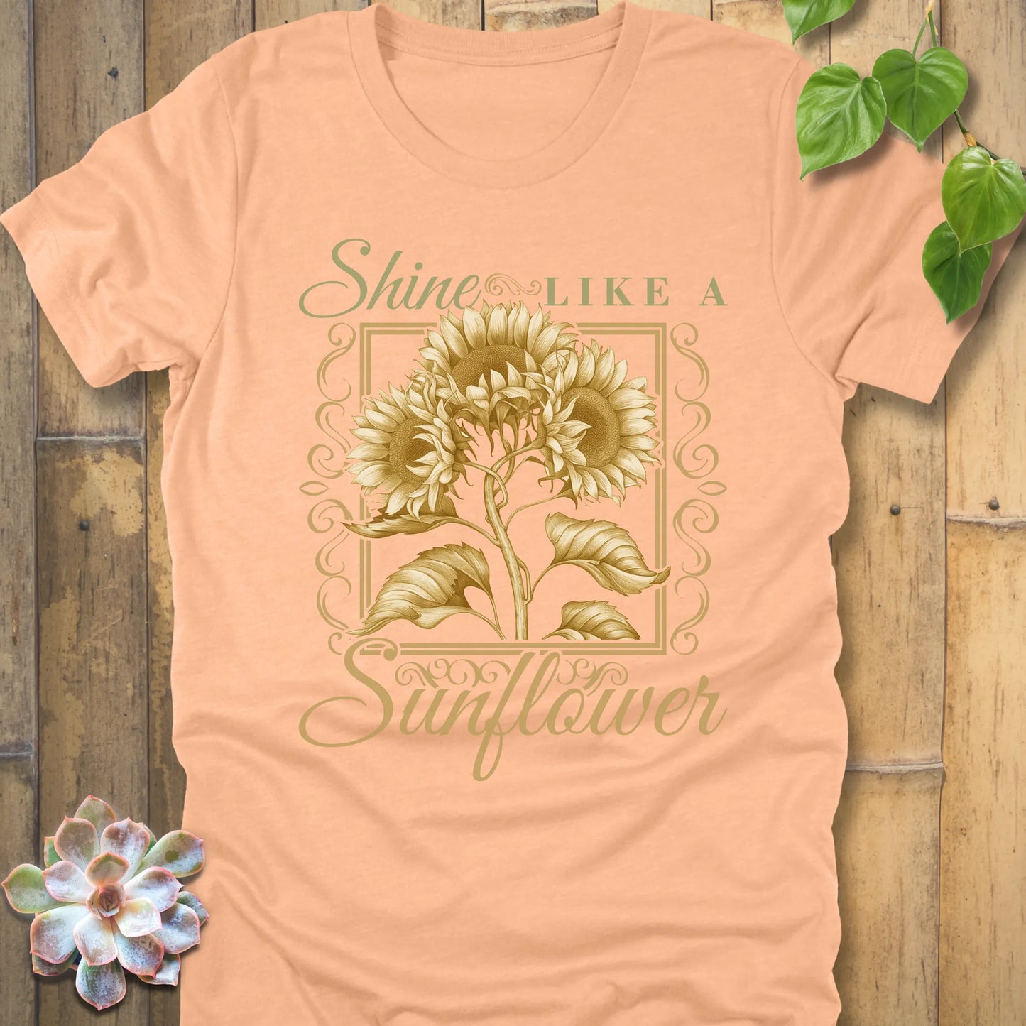 Heather Peach t-shirt featuring the design Shine Like A Sunflower with a print of frame flower.