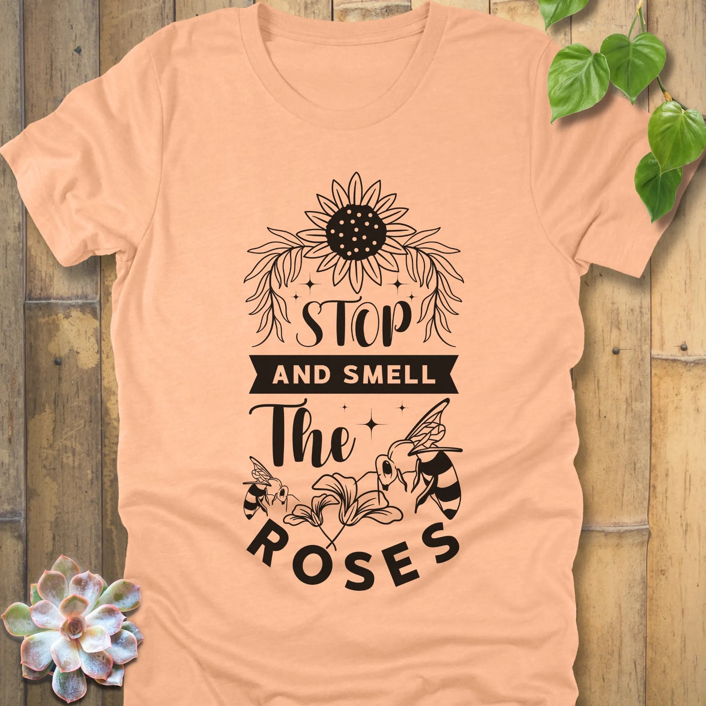 Heather Peach t-shirt featuring the design The Roses printed with flowers and bees