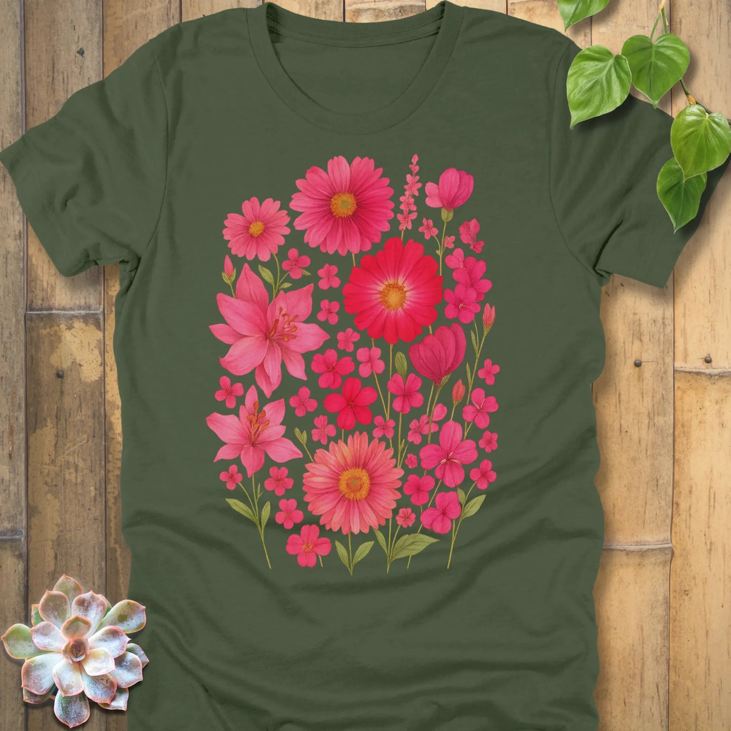 Military Green t-shirt featuring the design Pink Blossom printed in soft floral style, casual flower shirt.