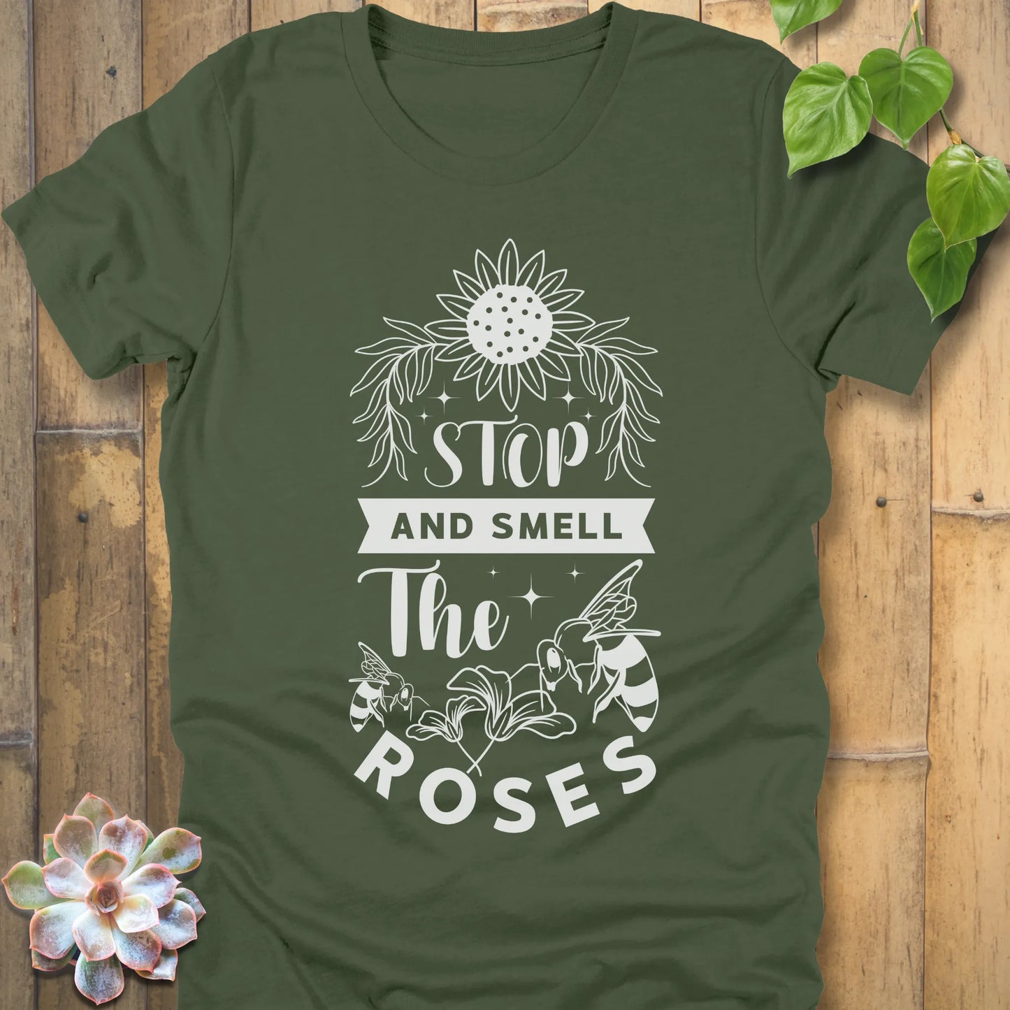 Military Green t-shirt featuring the design The Roses printed with flowers and bees
