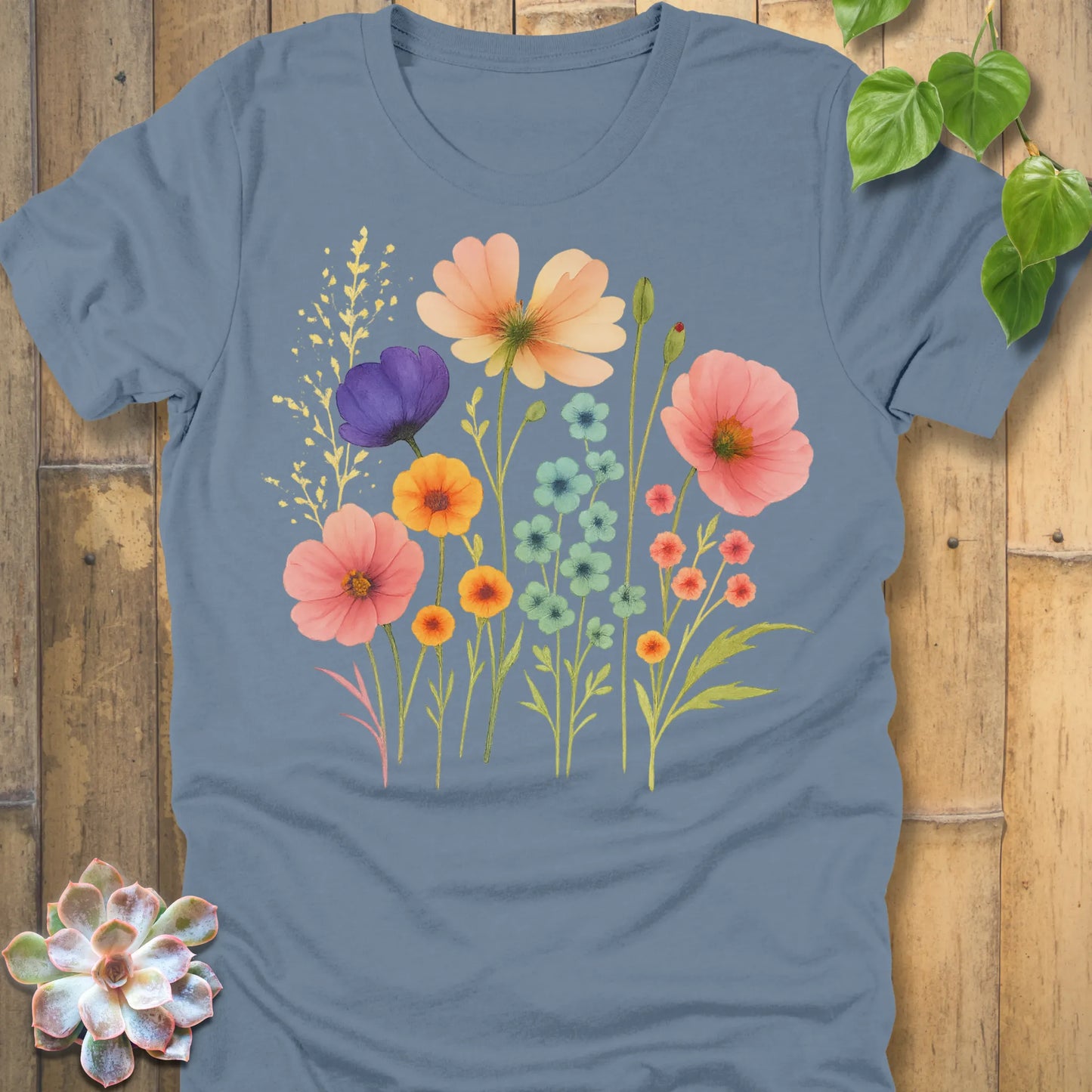 Steel Blue t-shirt featuring the design Beautiful Day printed in flower graphic design, casual graphic tee.