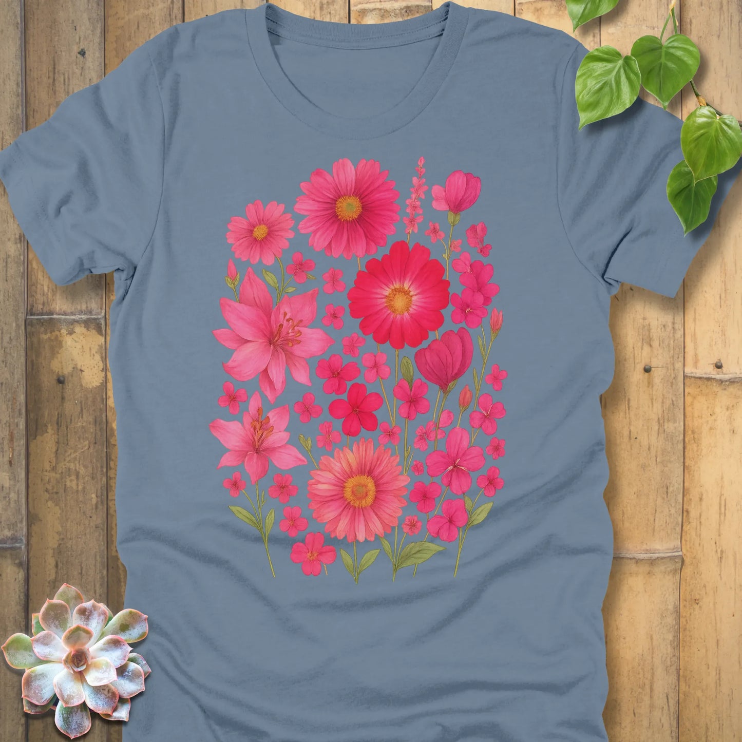 Steel Blue t-shirt featuring the design Pink Blossom printed in soft floral style, casual flower shirt.