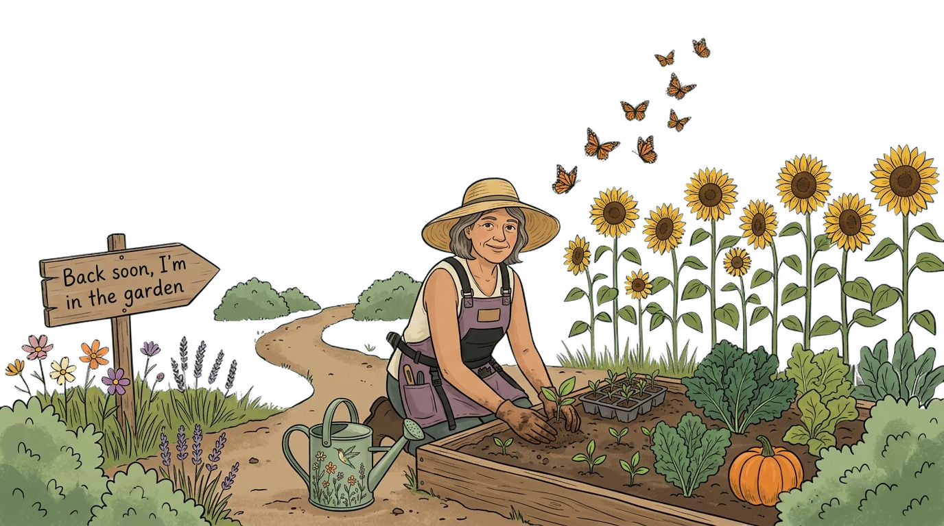 A gardener in a sun hat planting at a raised bed, with sunflowers, butterflies and a sign that says Back soon, I'm in the garden