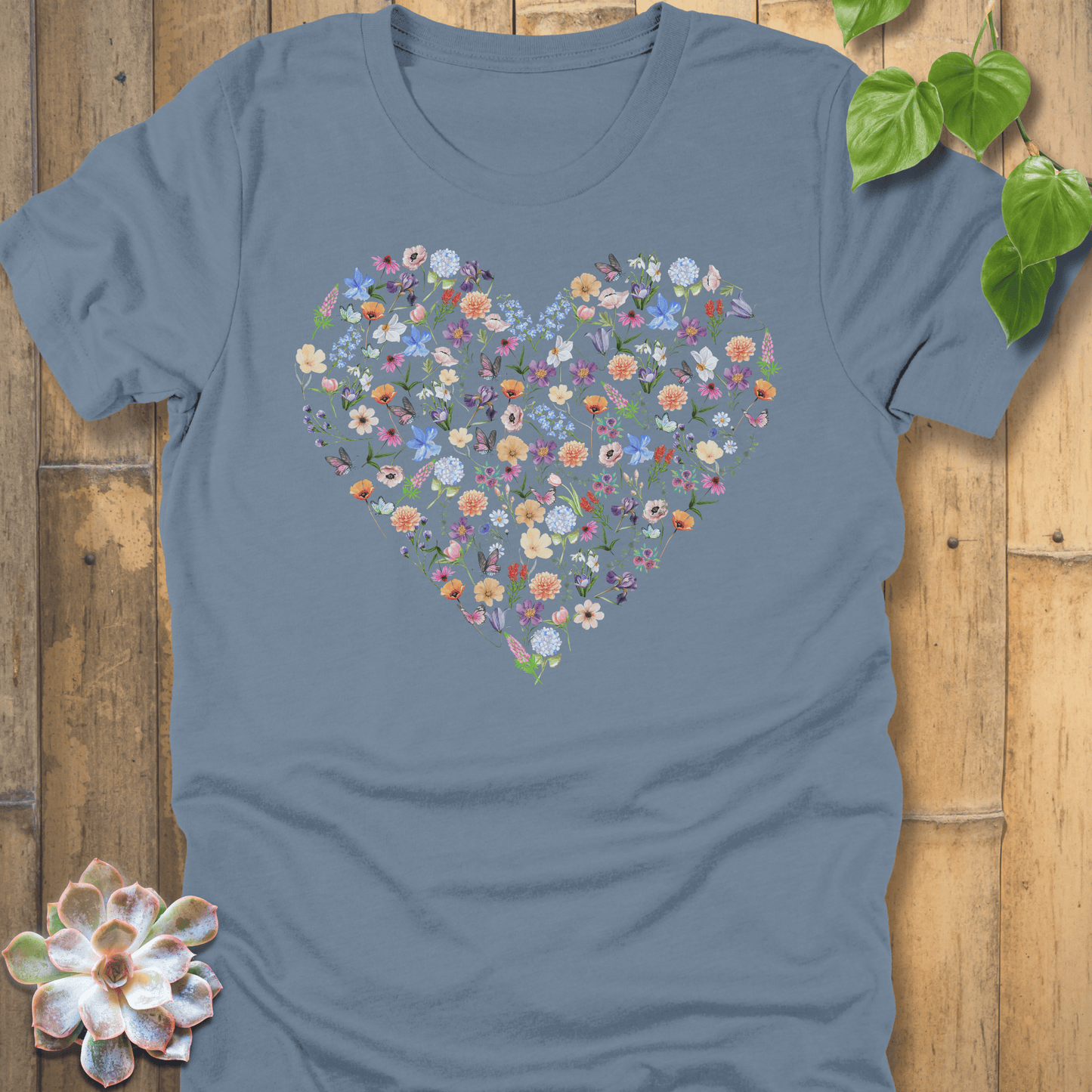 Steel Blue / S Loveheart Flowers T-Shirt T-Shirt