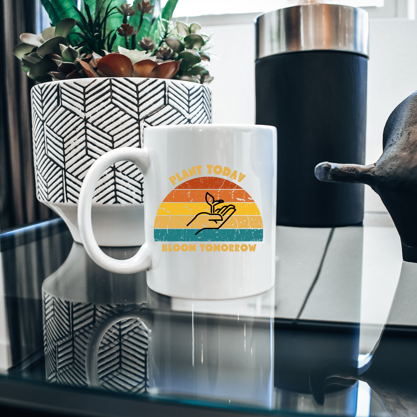 Retro Sunset Coffee Mug, Perfect for Gardeners and Plant Enthusiasts, "Plant Today, Bloom Tomorrow" - White Mug