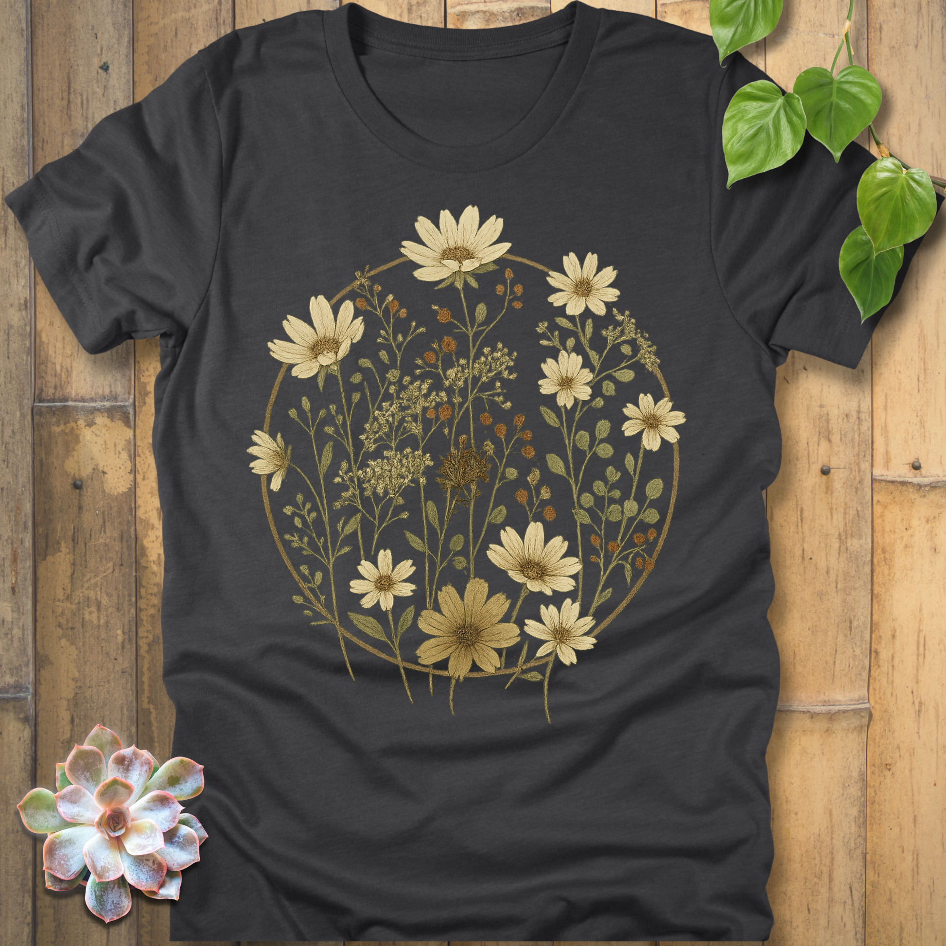 Vintage wildflower circle graphic t-shirt in dark grey heather, featuring hand-drawn botanical daisies and meadow blooms