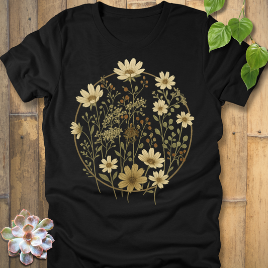 Black heather t-shirt with vintage botanical circle design of daisies and meadow wildflowers, rustic floral graphic tee