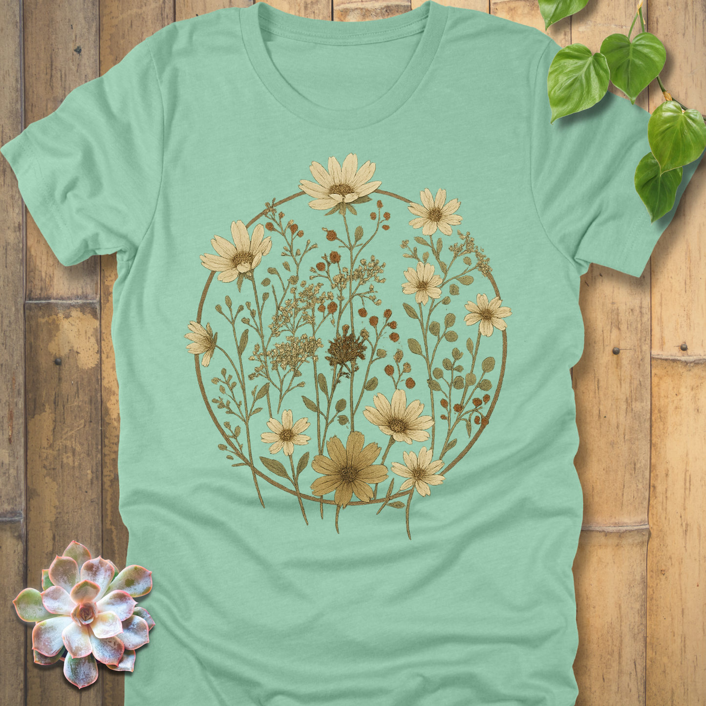 Heather mint botanical t-shirt with vintage wildflower circle design, earthy floral illustration for gardeners and nature lovers