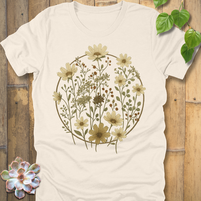 Natural  t-shirt with vintage floral circle illustration, featuring daisies and meadow wildflowers in earthy tones