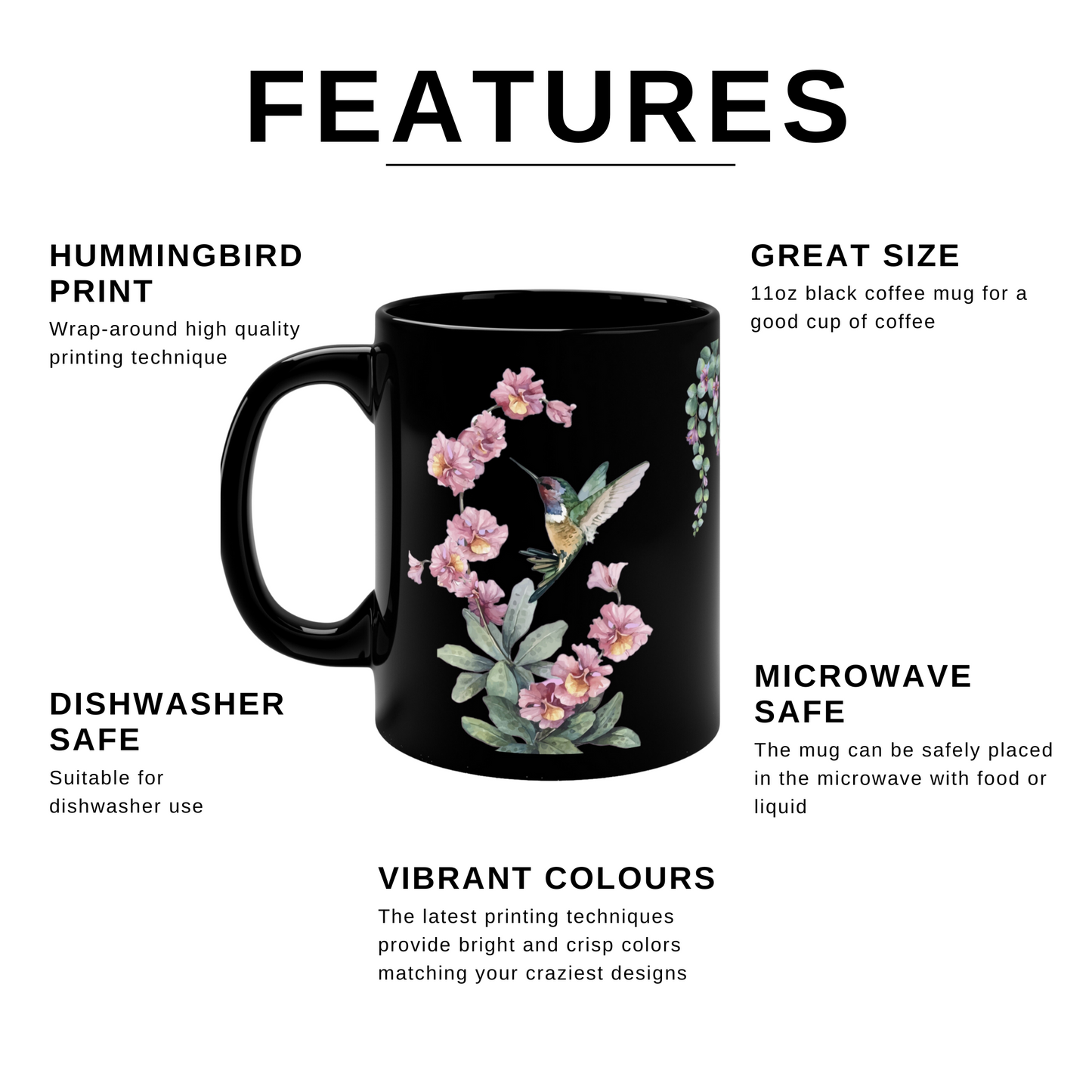 Hummingbird Coffee Mug | Beautiful Ceramic Coffee Mug for Gardeners | Bird Lovers Coffee Mug Black | FREE POSTAGE