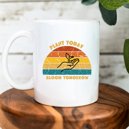 Retro Sunset Coffee Mug, Perfect for Gardeners and Plant Enthusiasts, "Plant Today, Bloom Tomorrow" - White Mug