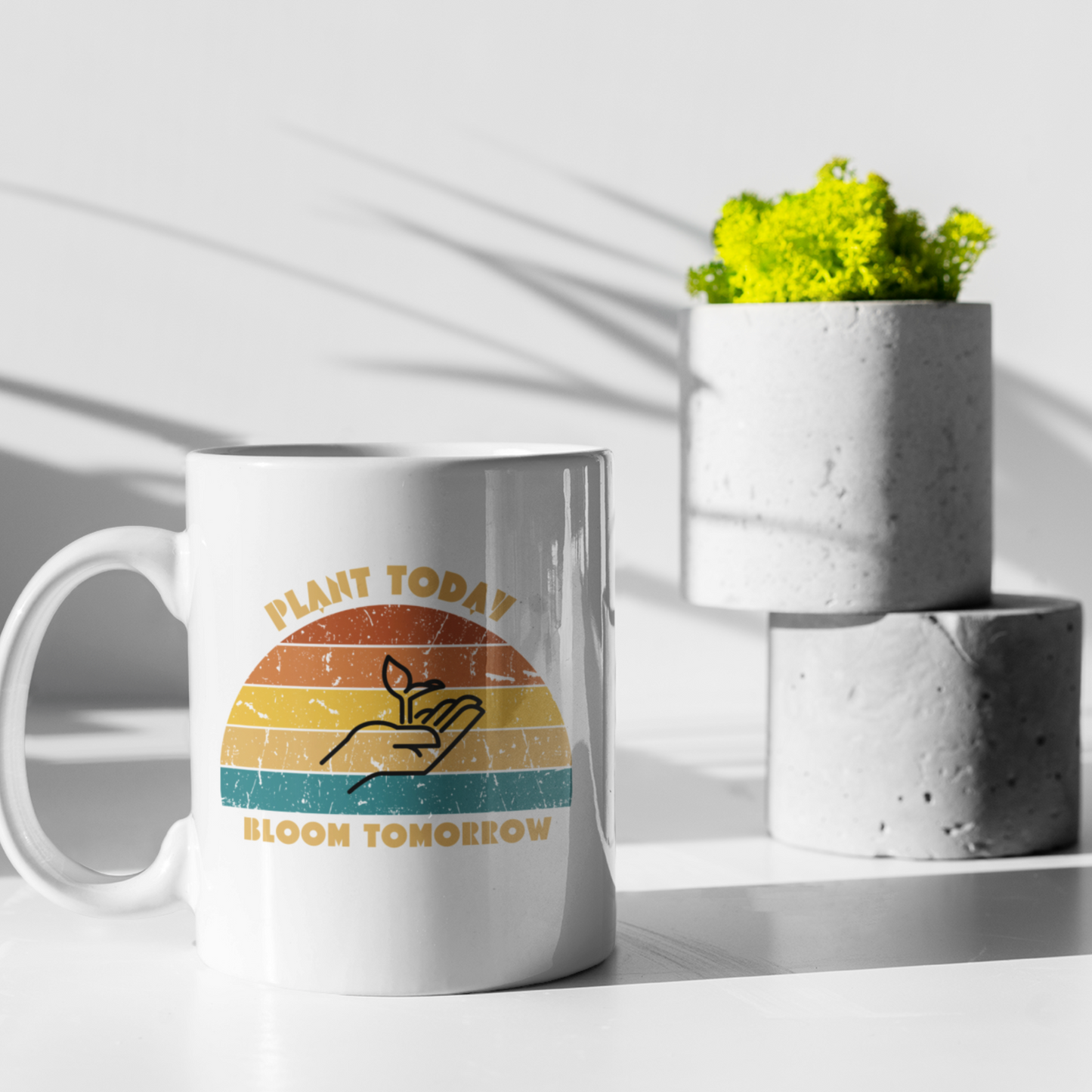 Retro Sunset Coffee Mug, Perfect for Gardeners and Plant Enthusiasts, "Plant Today, Bloom Tomorrow" - White Mug