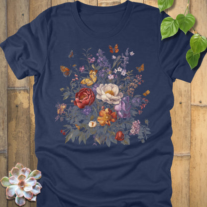 Heather Navy t-shirt with a vivid bouquet of red, white, orange, and purple flowers accented by butterflies.