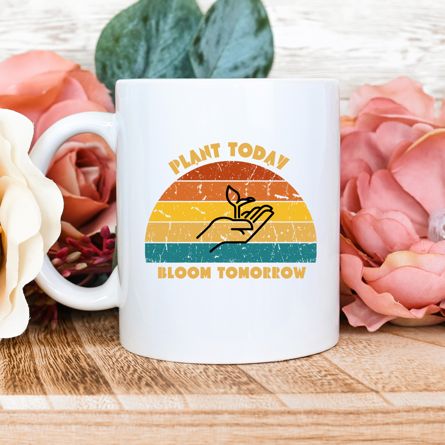 Retro Sunset Coffee Mug, Perfect for Gardeners and Plant Enthusiasts, "Plant Today, Bloom Tomorrow" - White Mug