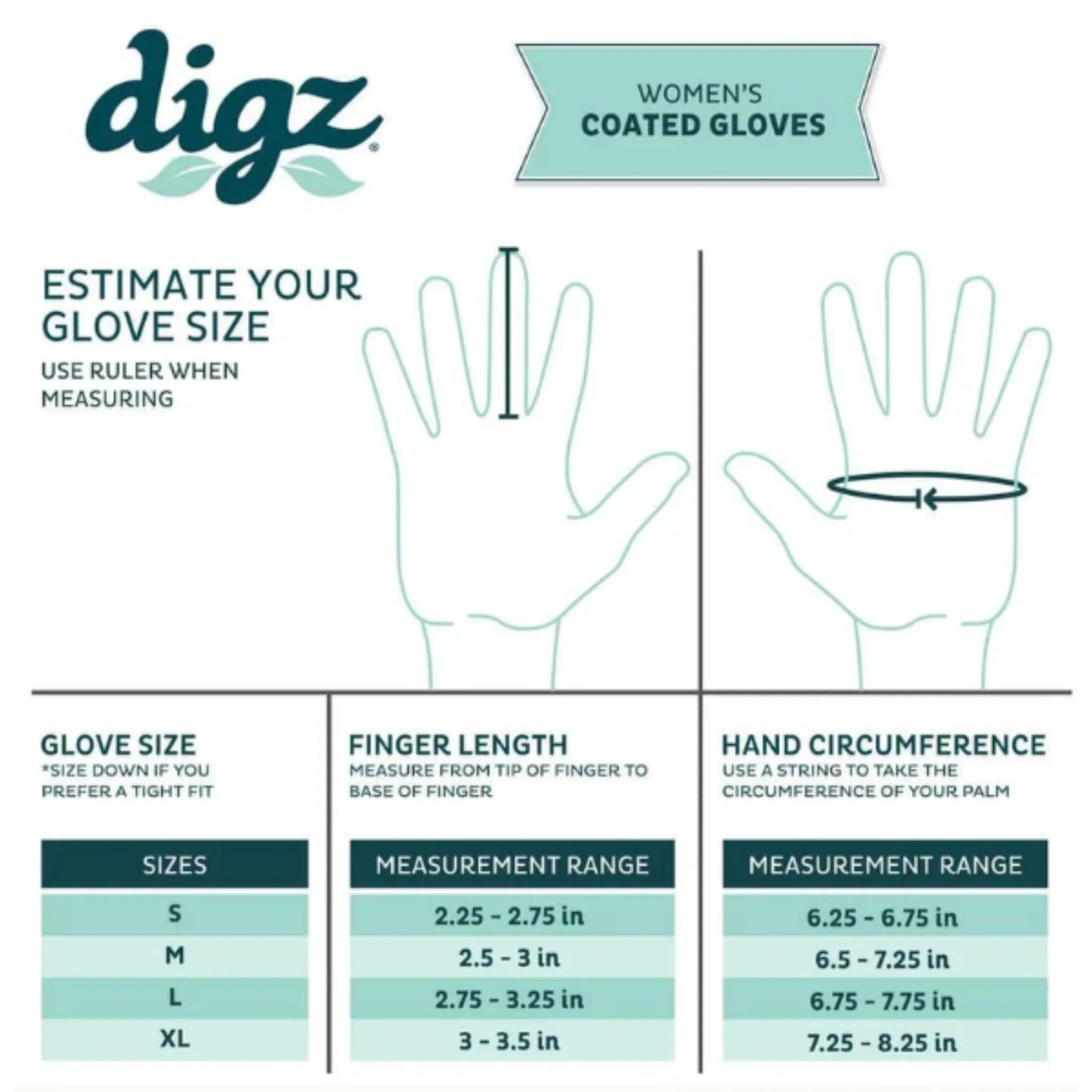 Digz women's coated gloves size chart with hand measurements and ruler illustration.