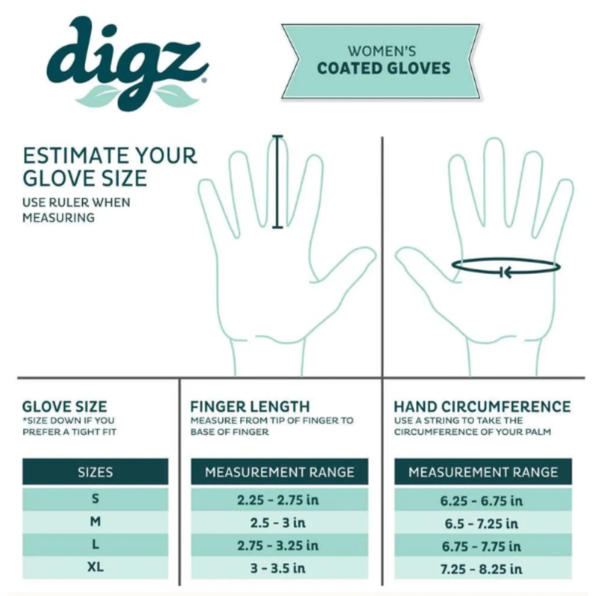 Digz women's coated gloves size chart with hand measurements and ruler illustration.