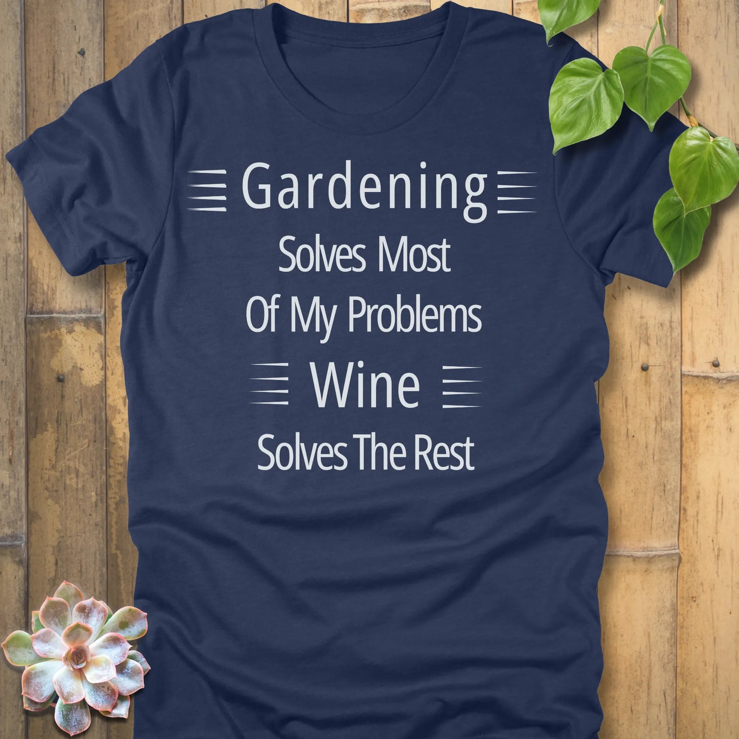 Gardening and wine humor shirt in classic heather navy blue with white text.