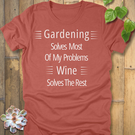  Funny gardening and wine shirt in earthy heather clay orange with bold white text design.