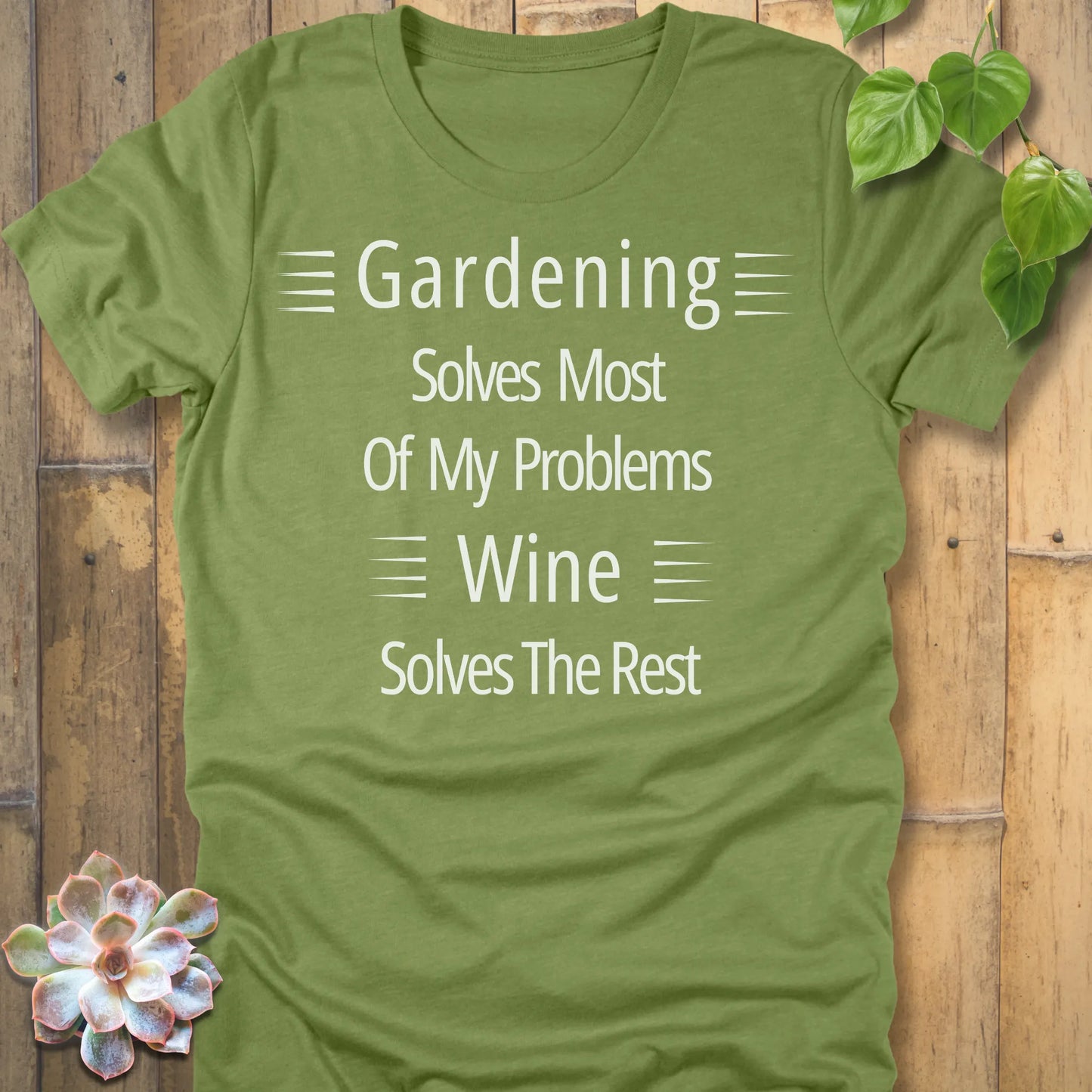 Unisex gardening and wine shirt in earthy heather green with bold white print.