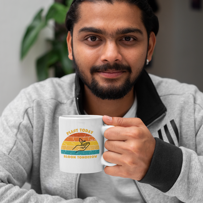 Retro Sunset Coffee Mug, Perfect for Gardeners and Plant Enthusiasts, "Plant Today, Bloom Tomorrow" - White Mug