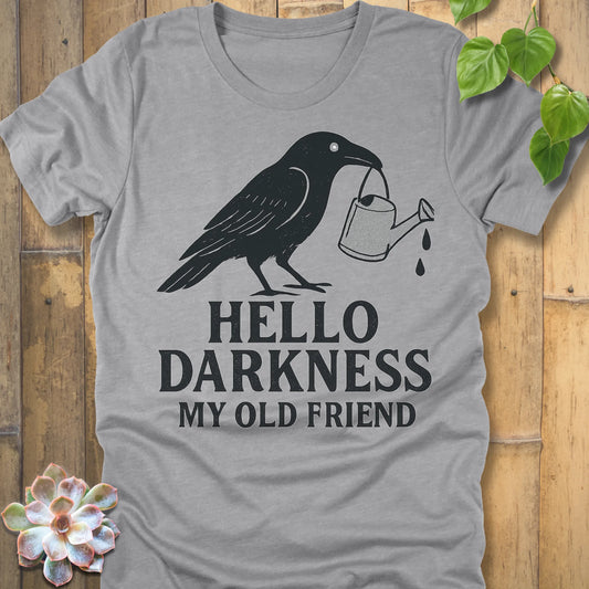 Athletic Heather – Hello Darkness T-shirt in Athletic Heather, crow with watering can graphic, Bella+Canvas 3001 unisex tee.
