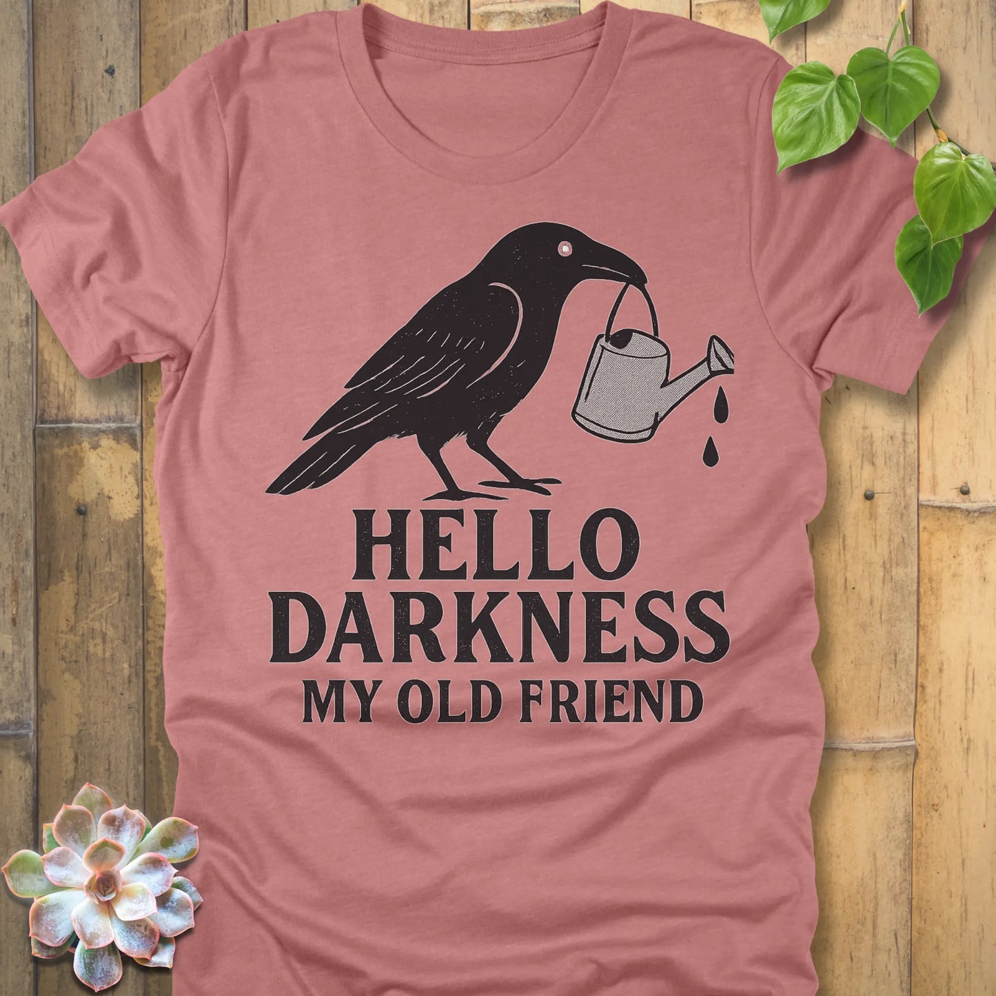Heather Mauve – Hello Darkness T-shirt in Heather Mauve, crow and watering can design, soft cotton Bella+Canvas tee.