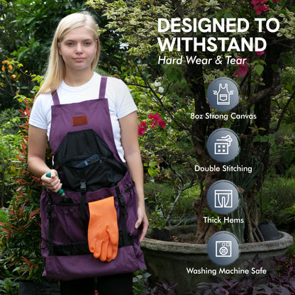 Garden Apron, Gardening Apron with Pockets - Canvas & Adjustable, Great Gift for Gardeners - Aubergine