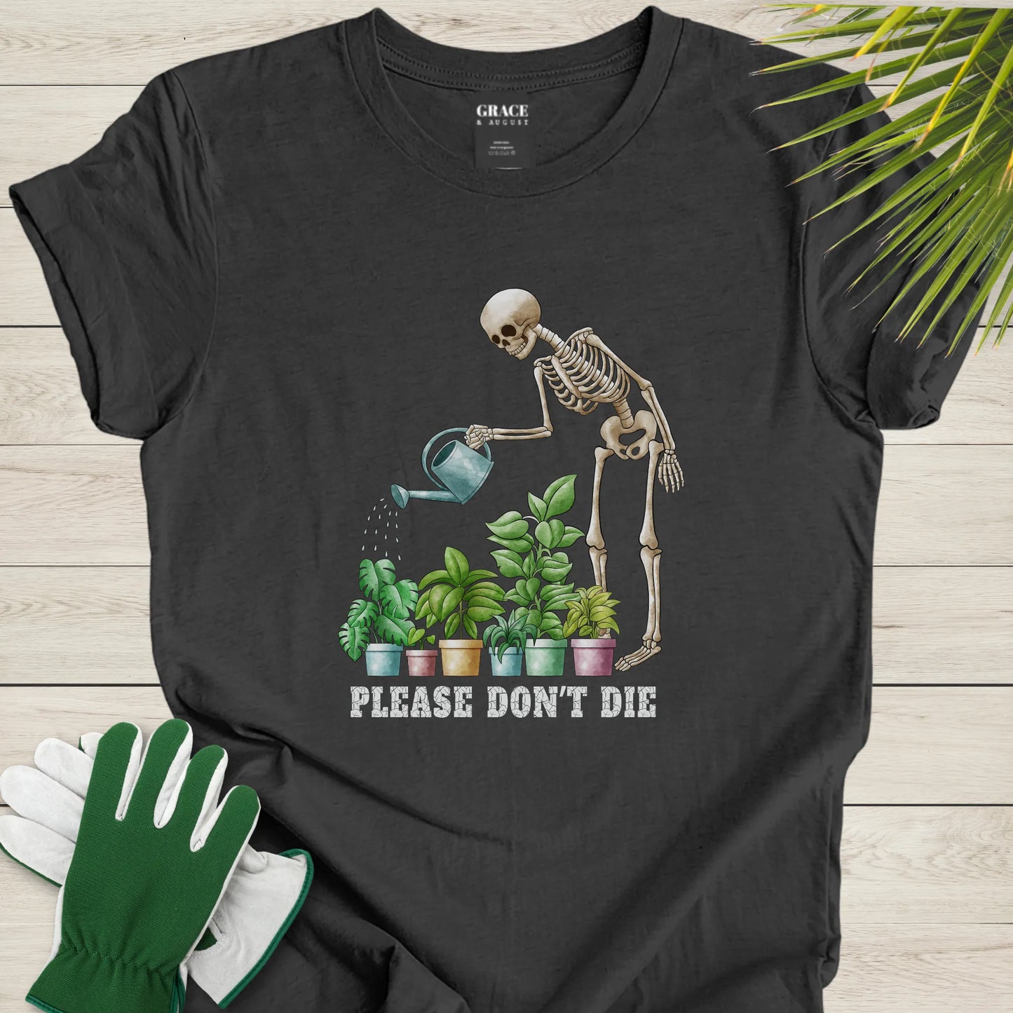 Skeleton watering plants tee
