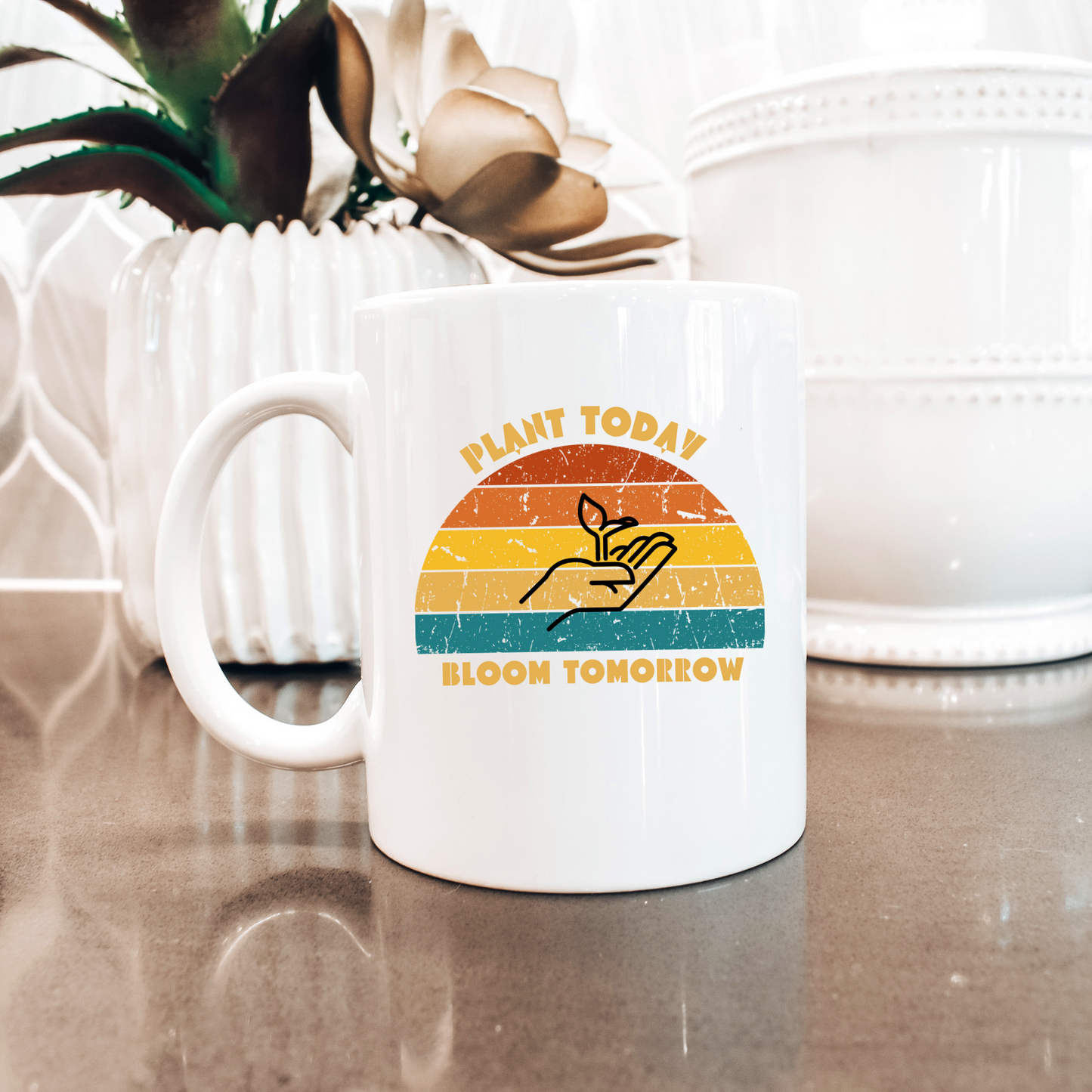 Retro Sunset Coffee Mug, Perfect for Gardeners and Plant Enthusiasts, "Plant Today, Bloom Tomorrow" - White Mug