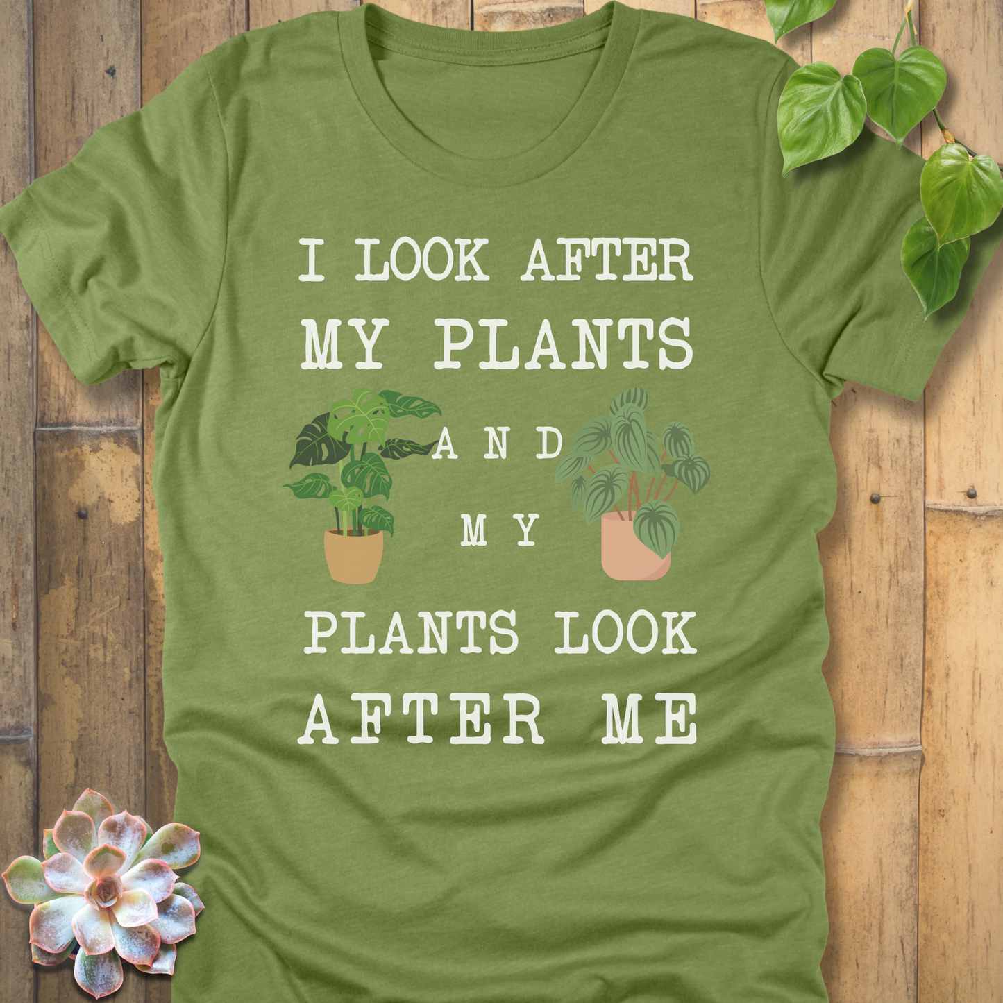 Heather  Green Bella Canvas 3001 t-shirt with white writing saying I look after my plants and my plants look after me. I have two house plants on each side. 